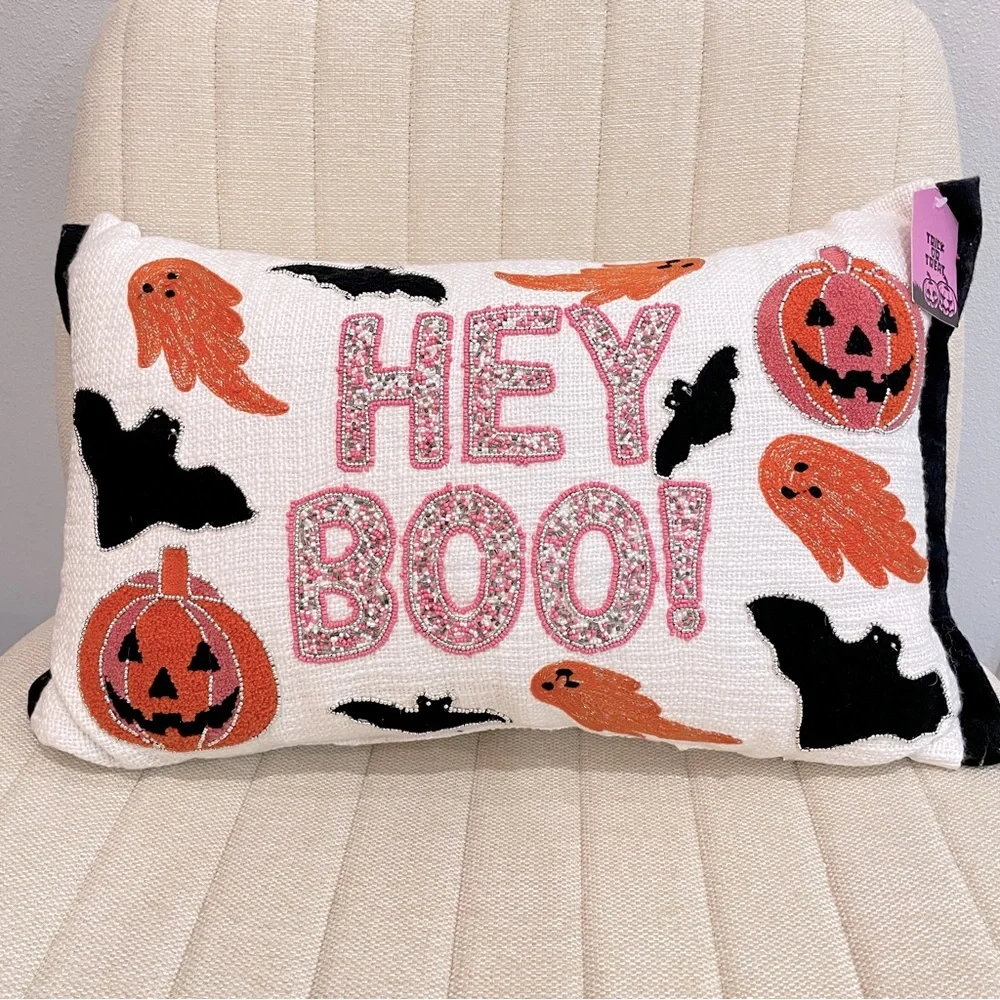 Trick or Treat Hey Boo Beaded Halloween Lumbar Pillow Pink Orange Ghost Pumpkin‎